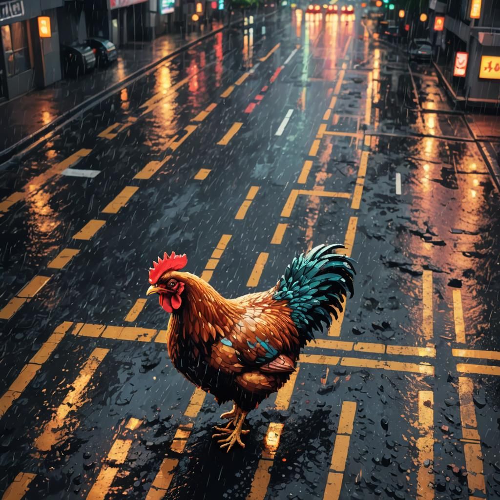 Pixel Art: Giant Chicken Crossing Retro Cityscape