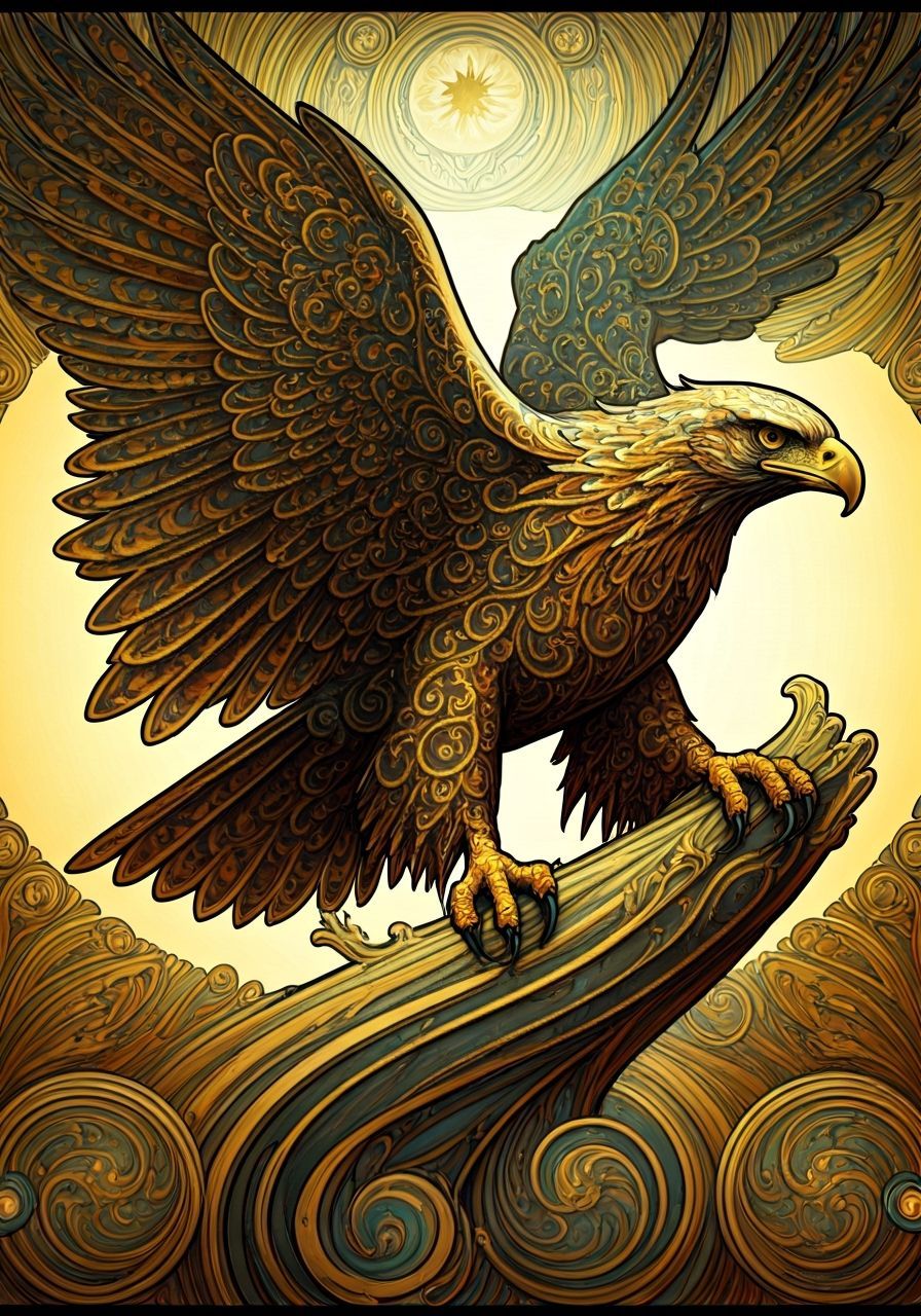 Ornate Eagle Soaring in Celestial Art Nouveau Sky