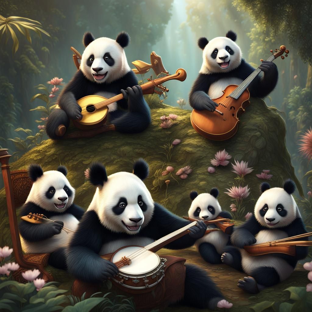 Pandas Playing Music: Detailed Fantasy Art