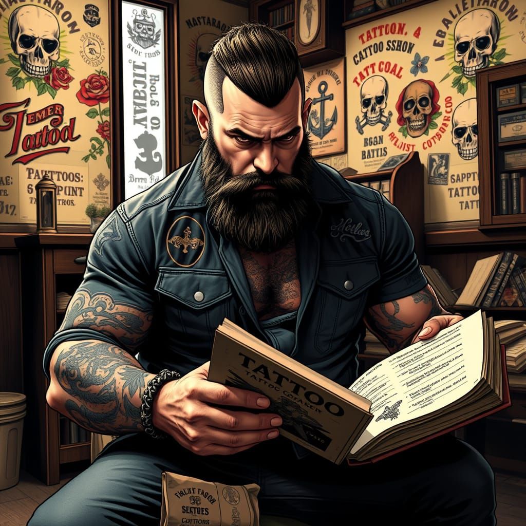 Bearded Fighter in Tattoo Shop with Flash Book