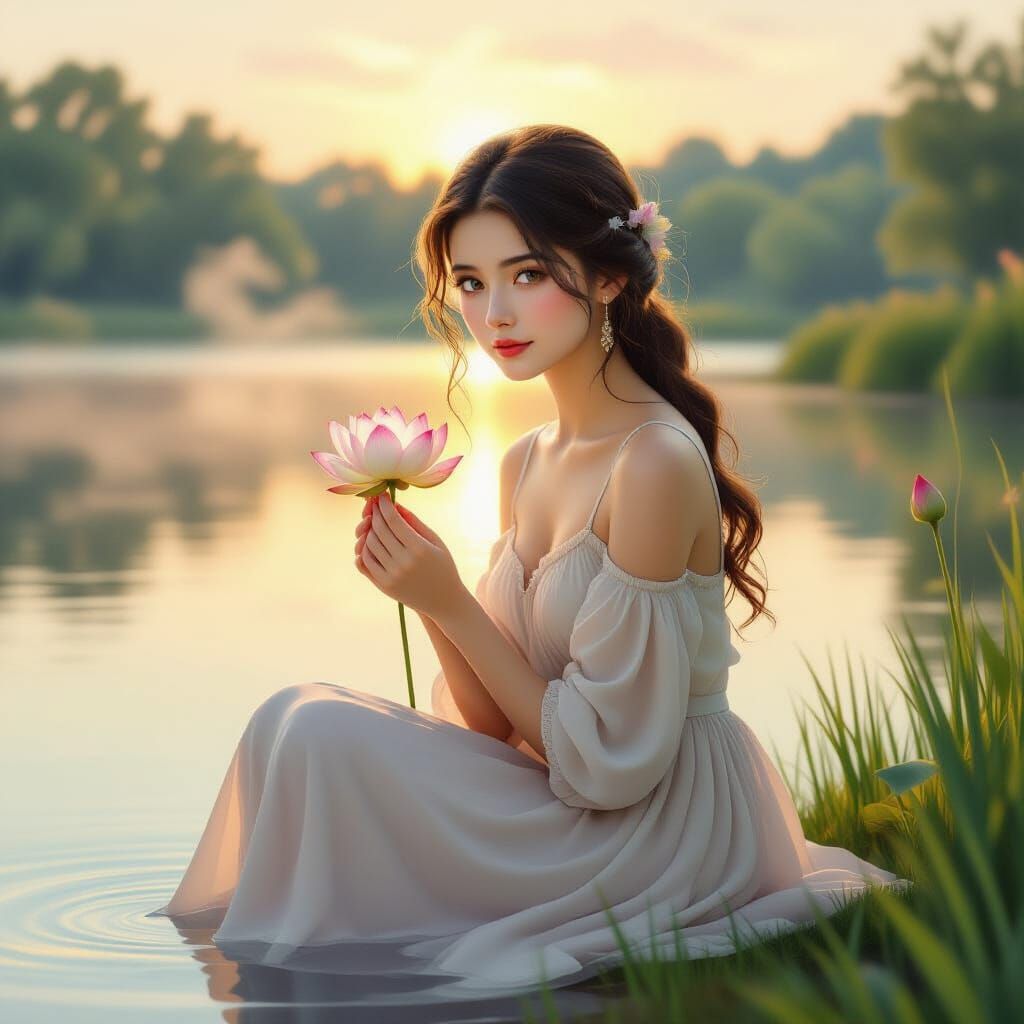 Shy Woman Finds Peace by Tranquil Lake at Sunrise