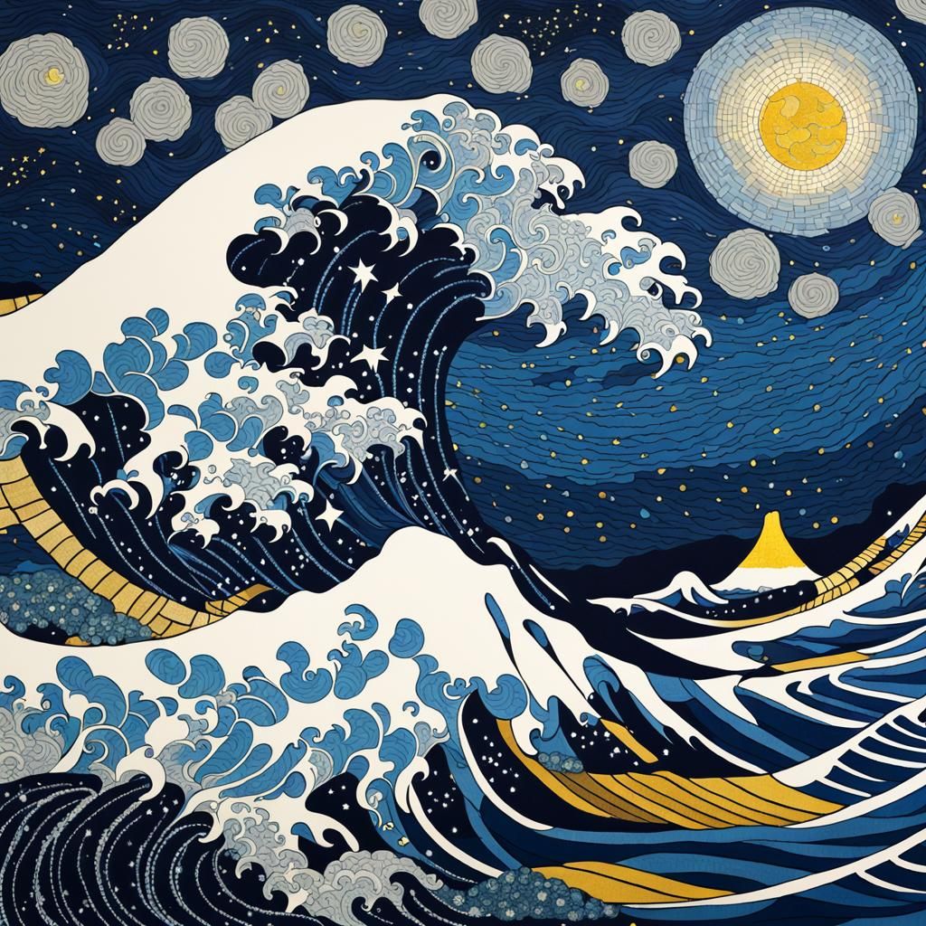 Mosaic Wave with Starry Night in Ukiyo-e Style