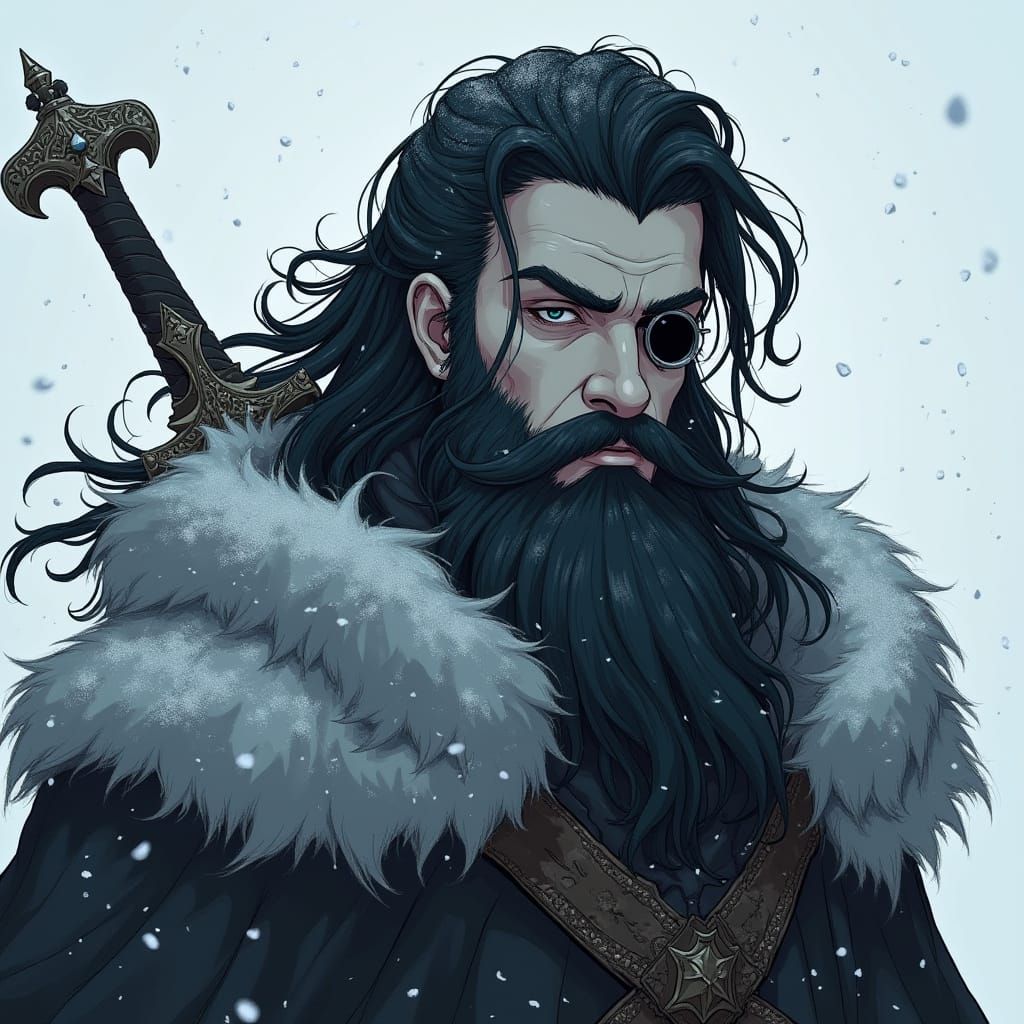 Anime-Style Winter Eladrin Warrior with Monocle and Sword