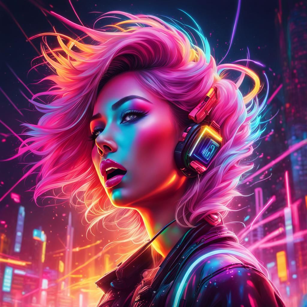 Cyberpunk Woman Exploding in Neon Emojis