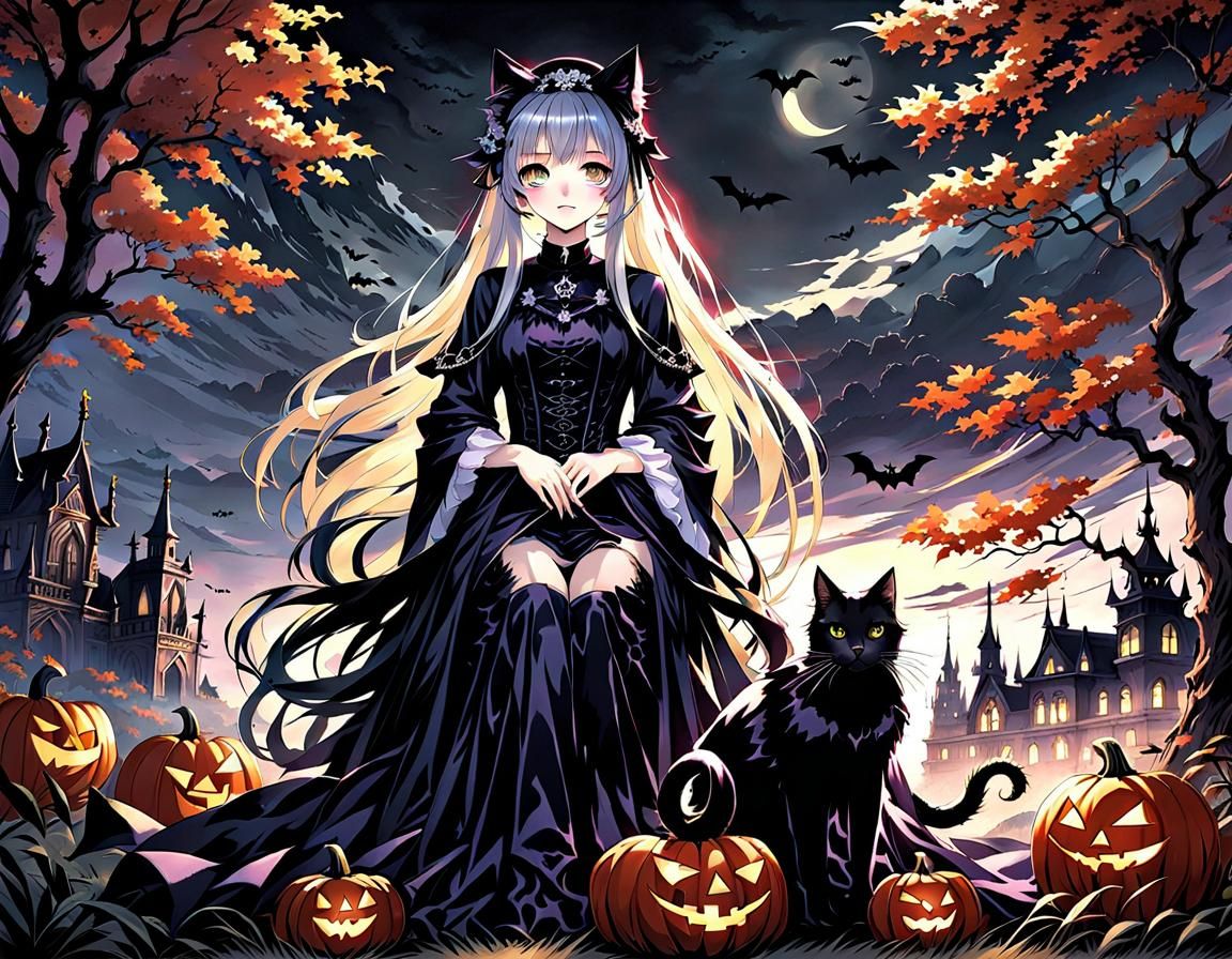 Gothic Halloween Goddess with Black Cat in Anime Style