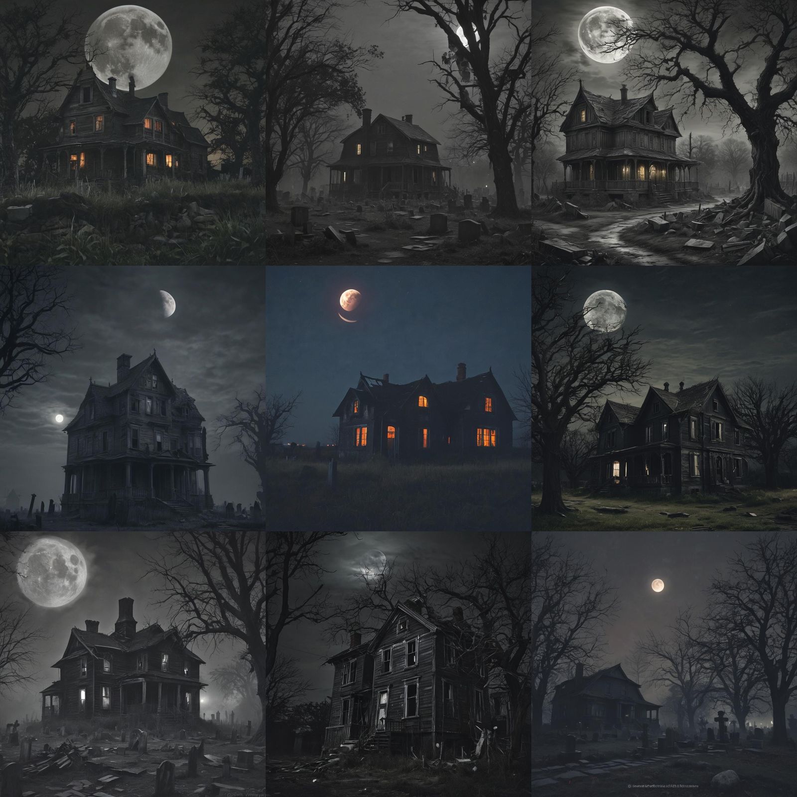 Haunted Black House Under Moonlight in Horror Style