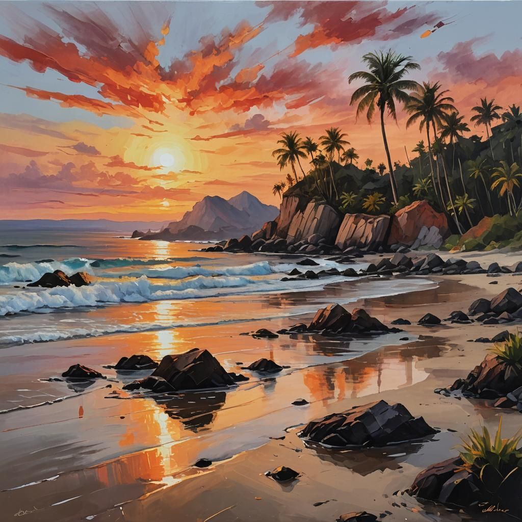 Tropical Sunset Acrylic Painting with Palm Trees