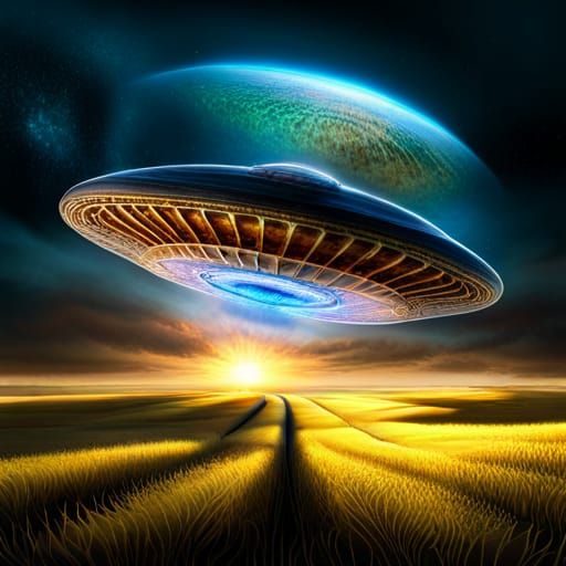 Glowing Steampunk UFO Over Crop Circle Field