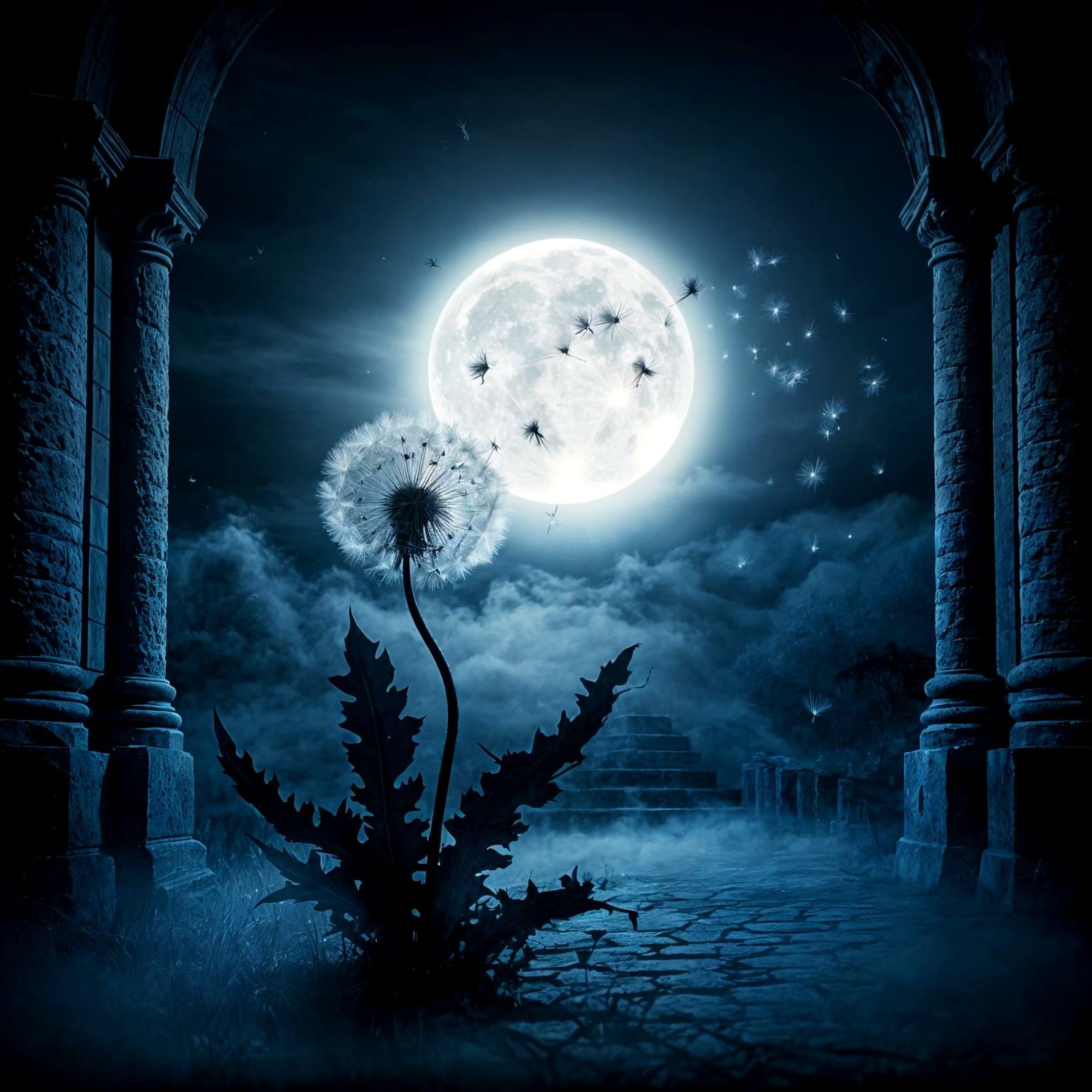 Ethereal Dandelion: Moonlit Silhouette of Transformation