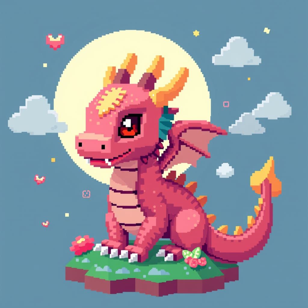 Kawaii Dragon in Pixel Voxel Art Style