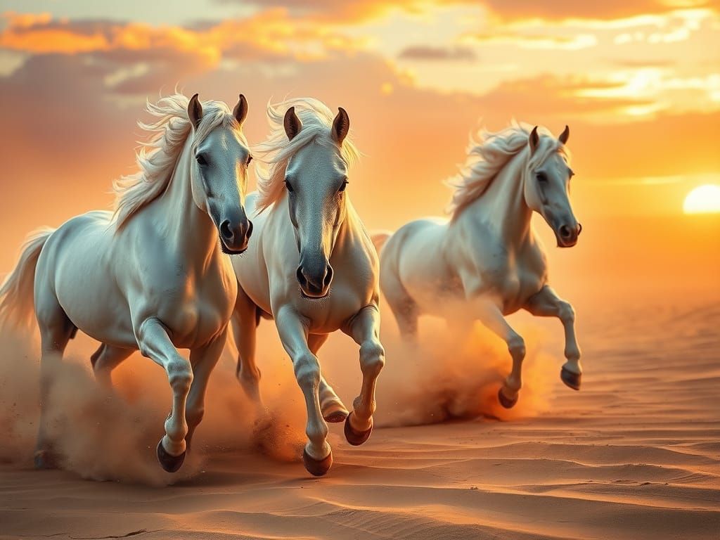 Majestic White Horses in Desert Sandstorm