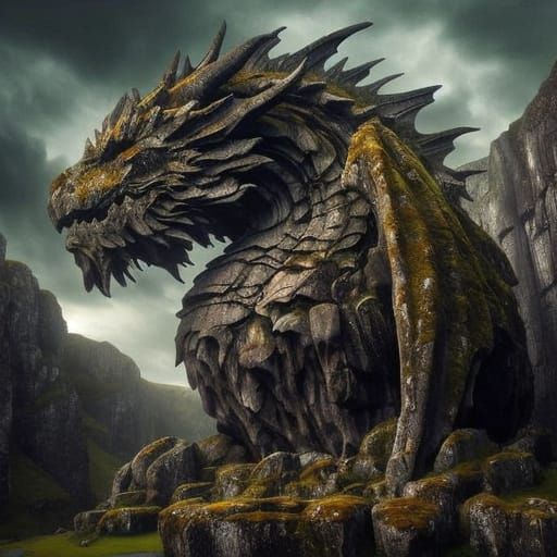 Ancient Stone Dragon Statue in Mossy Landscape