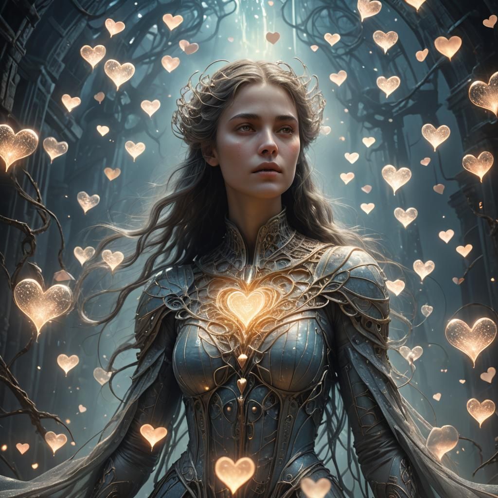 Ethereal Woman Surrounded by Hearts in Fantasy Art