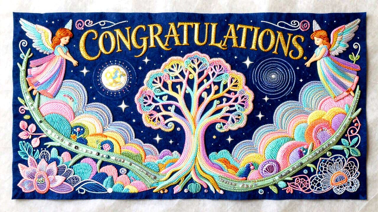 Sparkling Gold Congratulations Calligraphy with Angelic Bord...