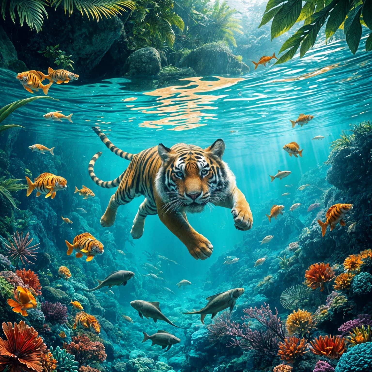 Underwater Jungle River with Swimming Tiger