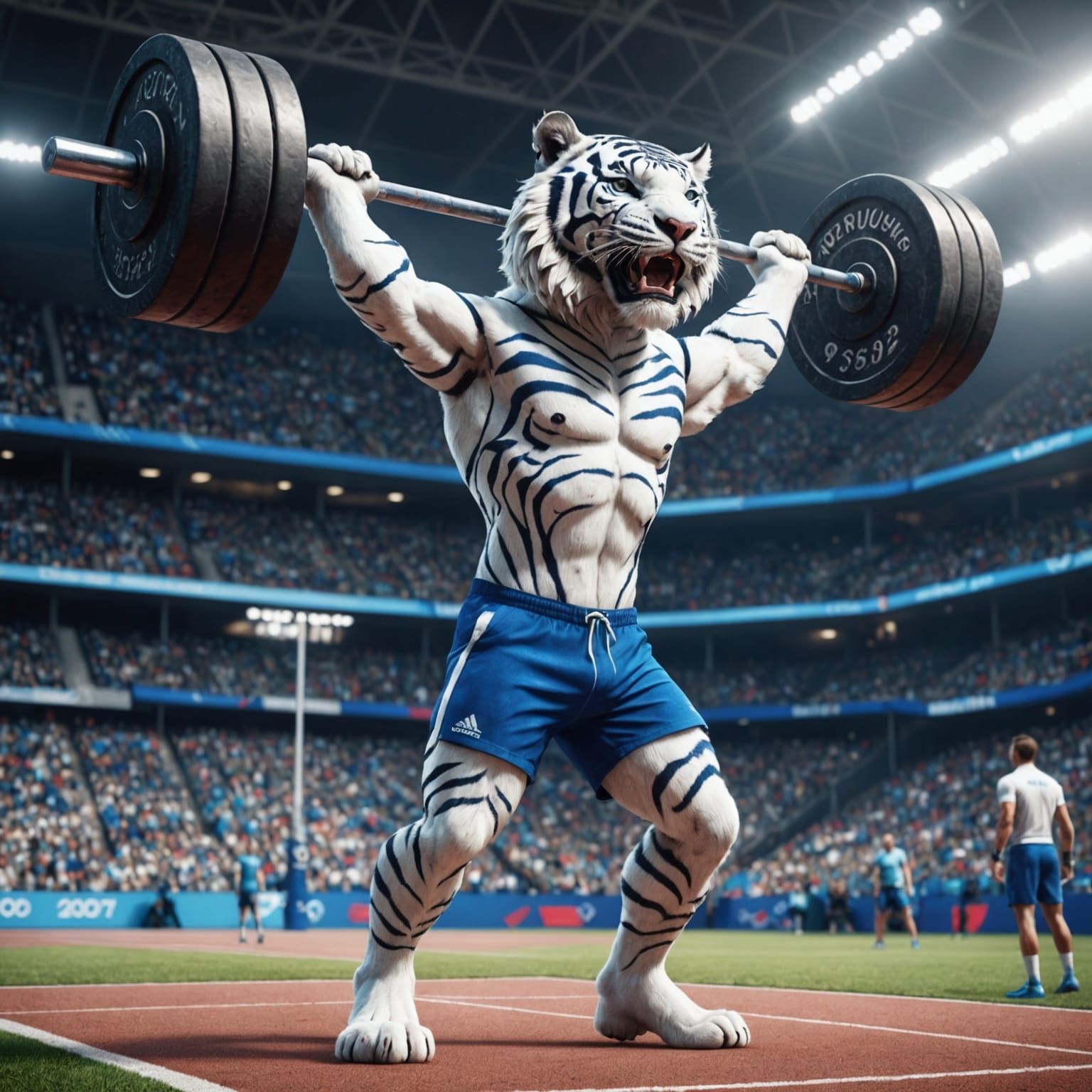 An anthromorphic white tiger lifting weights at the 2024 Par...