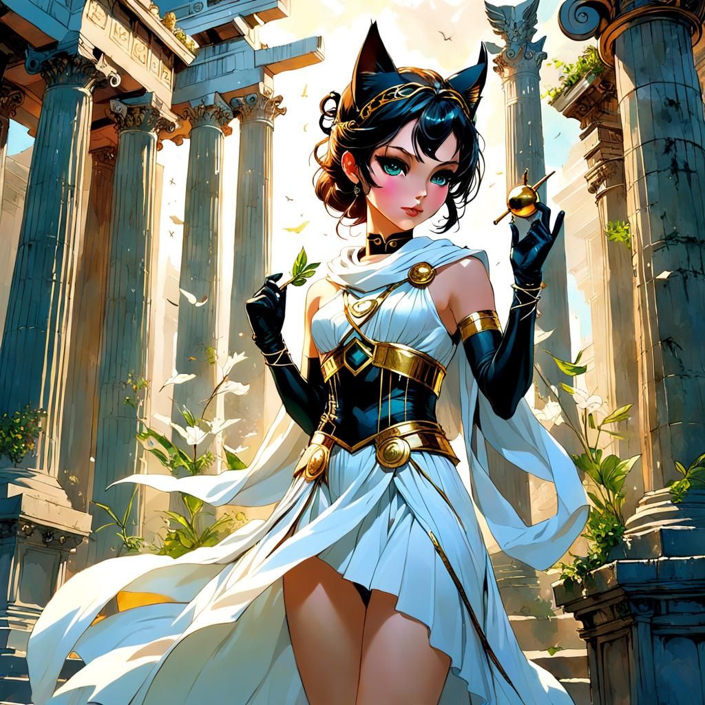 Catwoman as Anime Artemis in Arthur Rackham Style