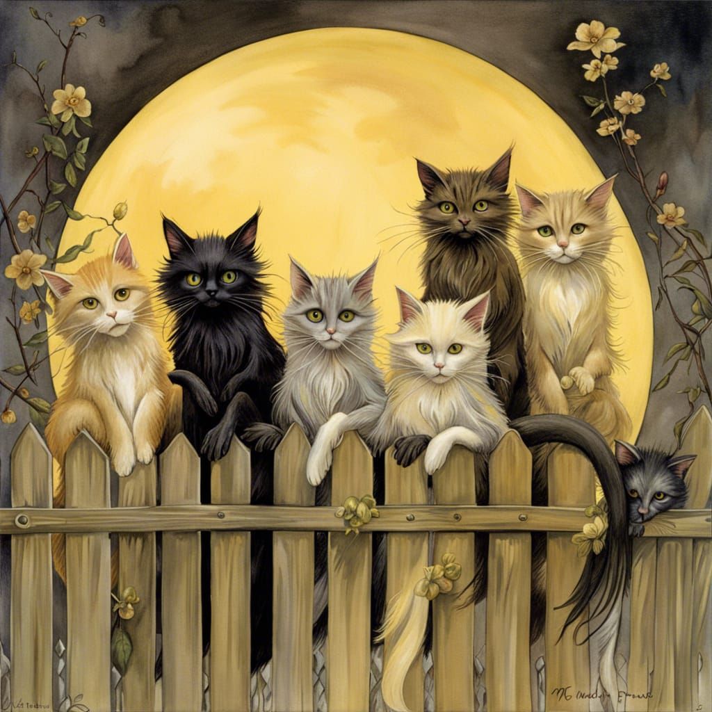 Cats Silhouetted Against a Metallic Moon