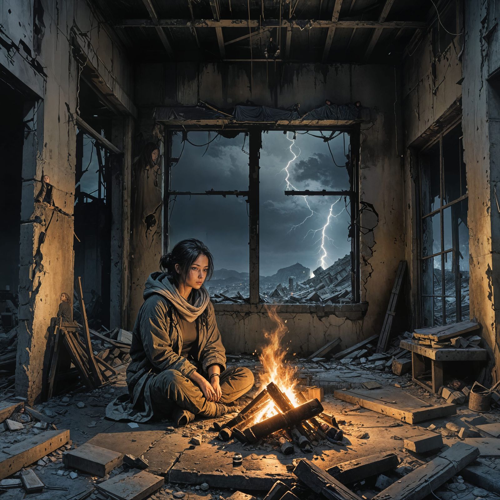 Woman in Ruined Building Under Stormy Night