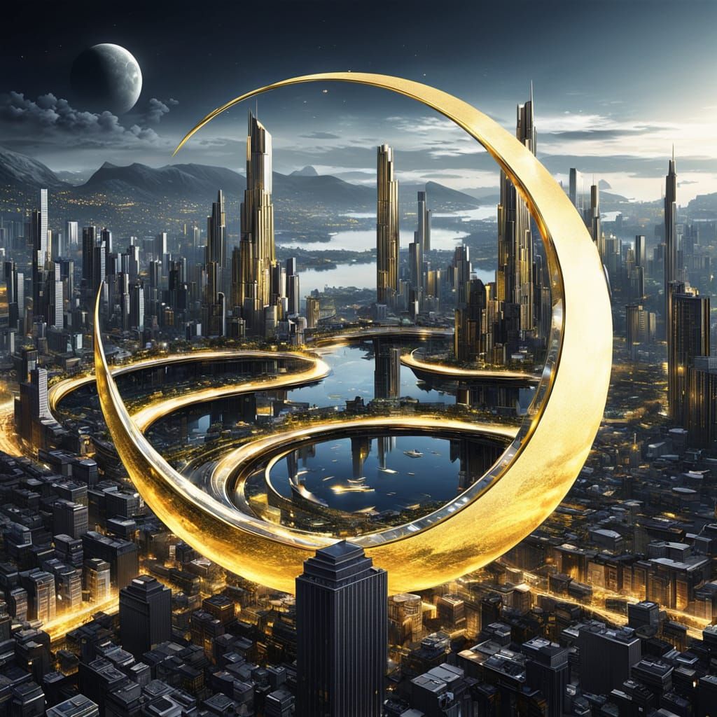 Futuristic Chrome & Gold City on a Crescent Moon
