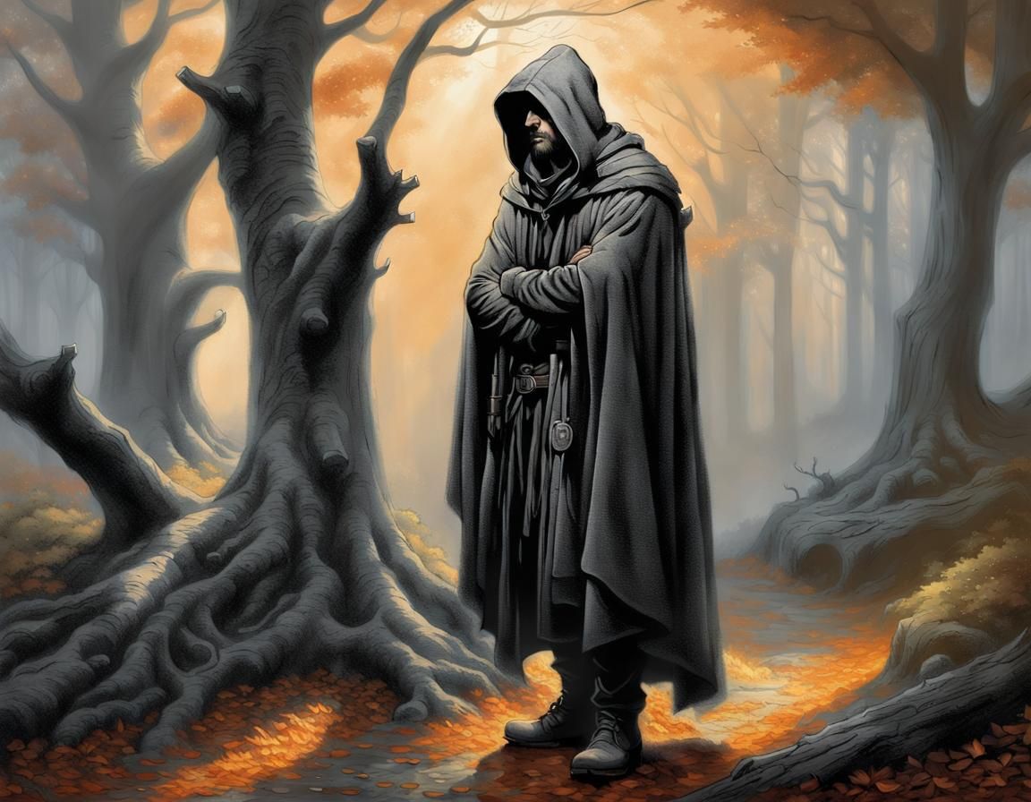 Ethereal Vagabond Resting in Misty Woods