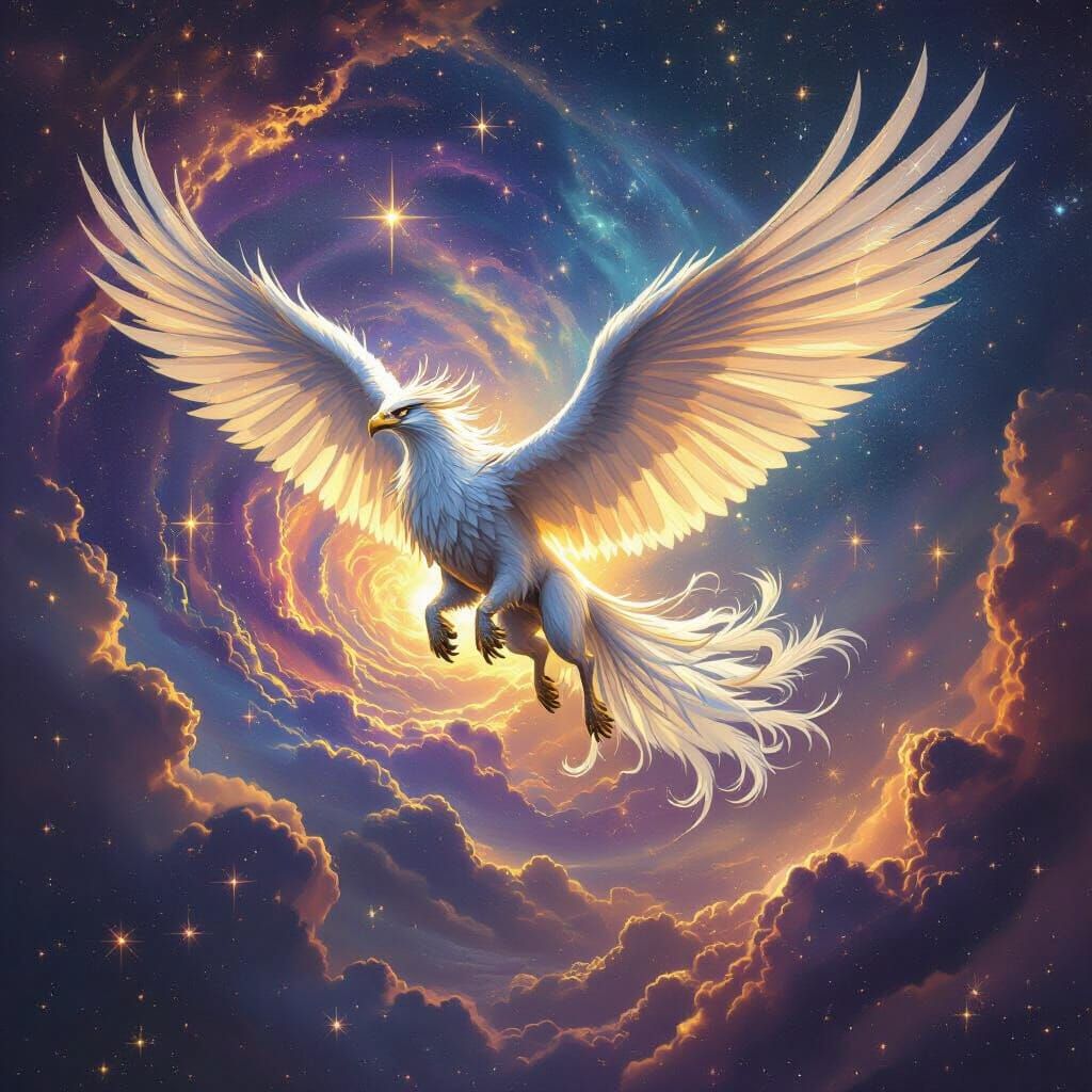 Majestic Griffin Soars Through Cosmic Nebula Sky