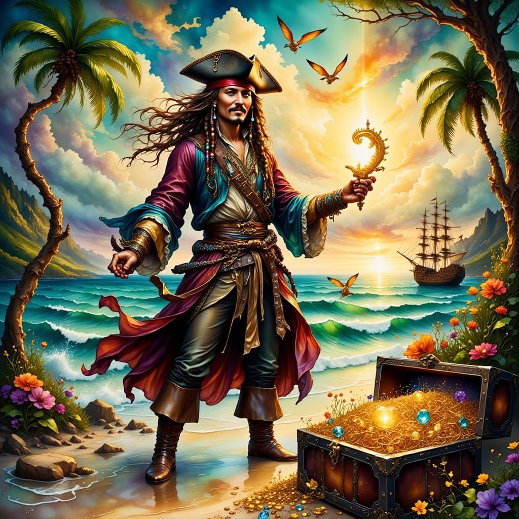 Captain Jack Sparrow on Tropical Beach, Fantasy Art