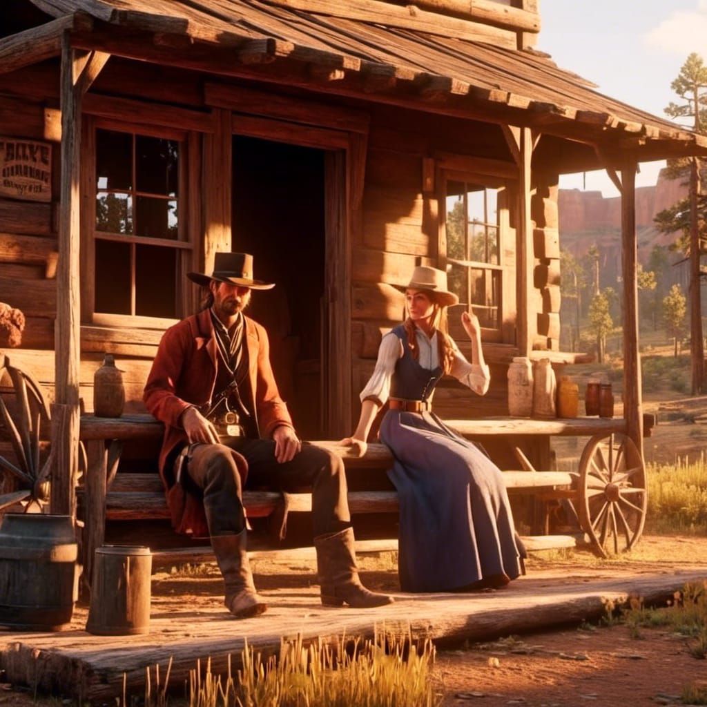 Wild West Farmer and Wife on Cabin Terrace