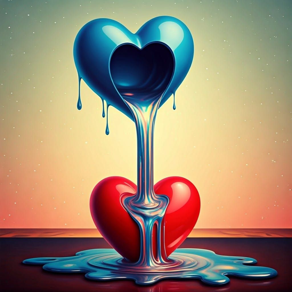 Surreal Hearts Cascade in Dali-esque Melting Oil Style