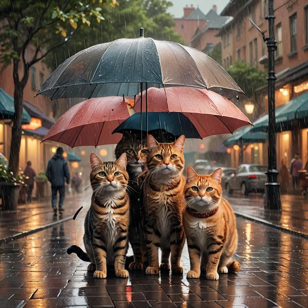 Heartwarming Cat Family in Rainy 3D Digital Art