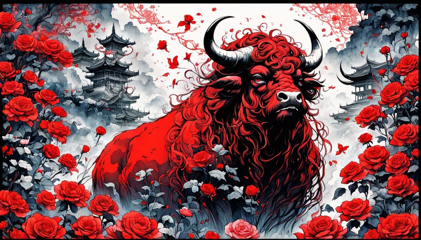 Surreal Red Buffalo in Spring Landscape