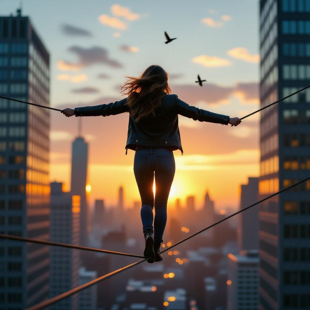Woman Walks High Wire at Sunset: Photorealistic Style