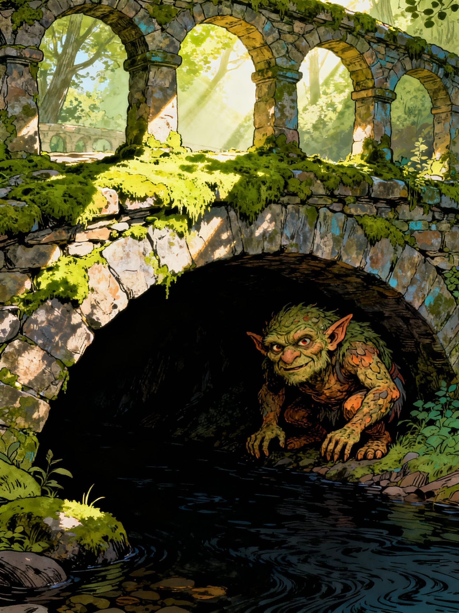 Fairytale Troll Hiding Under Mossy Stone Bridge