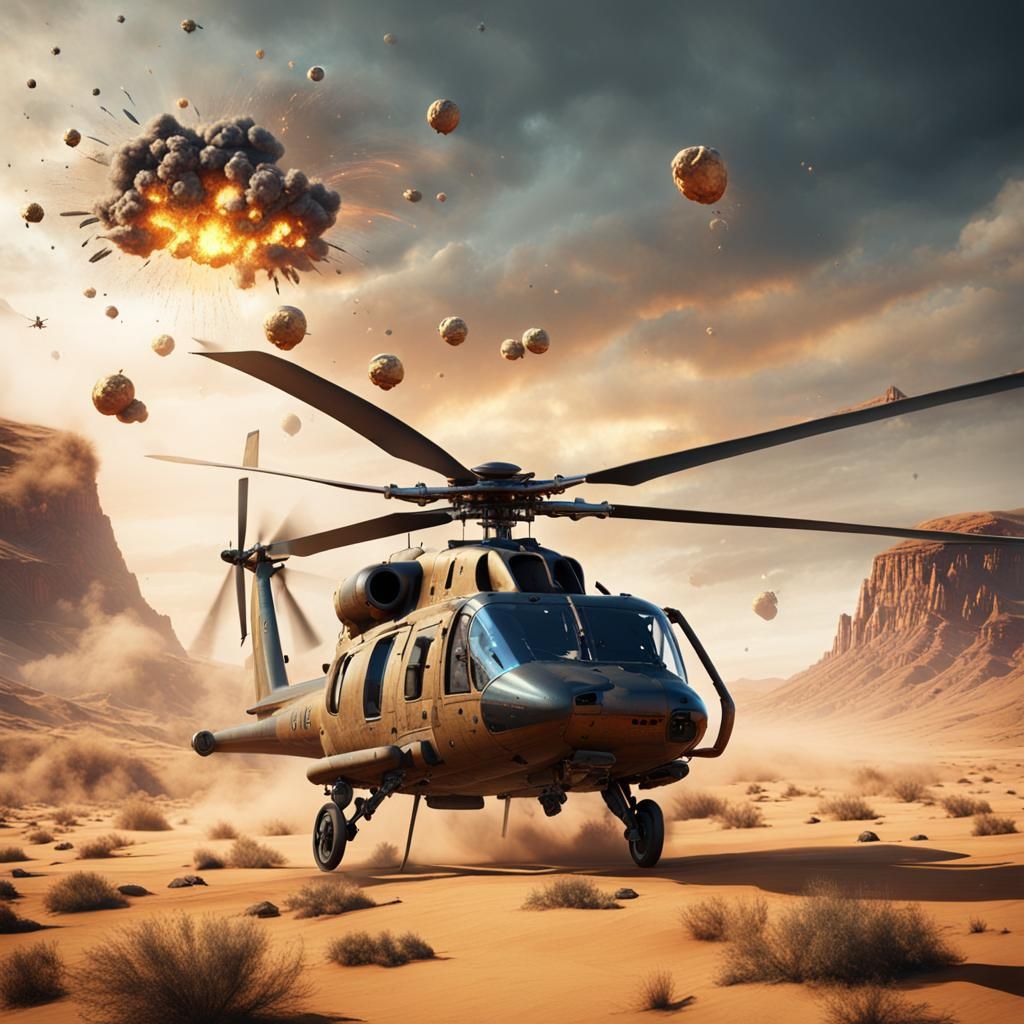 Helicopter Evasion: Desert Bombing in Detailed Matte Paintin...