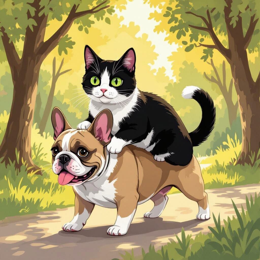 Tuxedo Cat Rides French Bulldog in Sunny Park Illustration