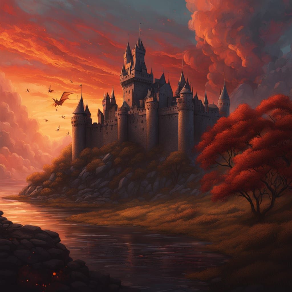 Dragon Over Burning Castle: Dark Fantasy Oil Painting