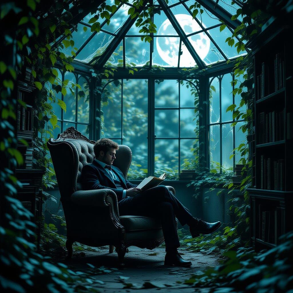 Man Reading in Abandoned Greenhouse: Film Noir Style