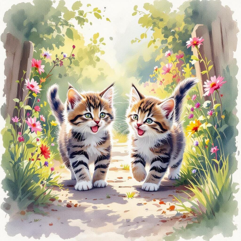 Kittens Frolicking in Garden: Watercolor Art