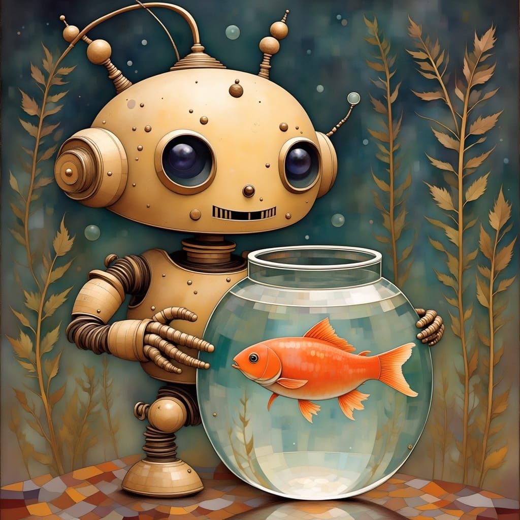 Cute Robot Holding Fishbowl in Lora Style
