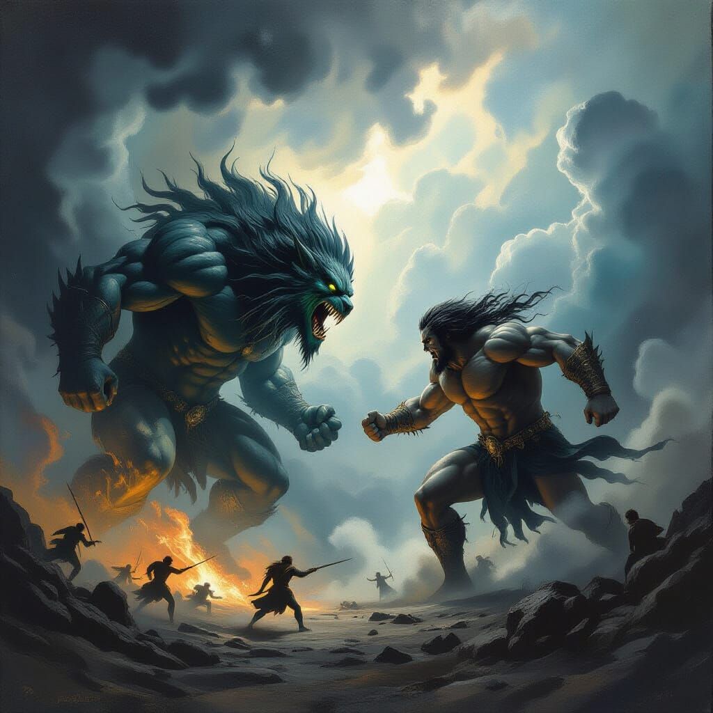 Titanic Mythological Battle Oil Painting