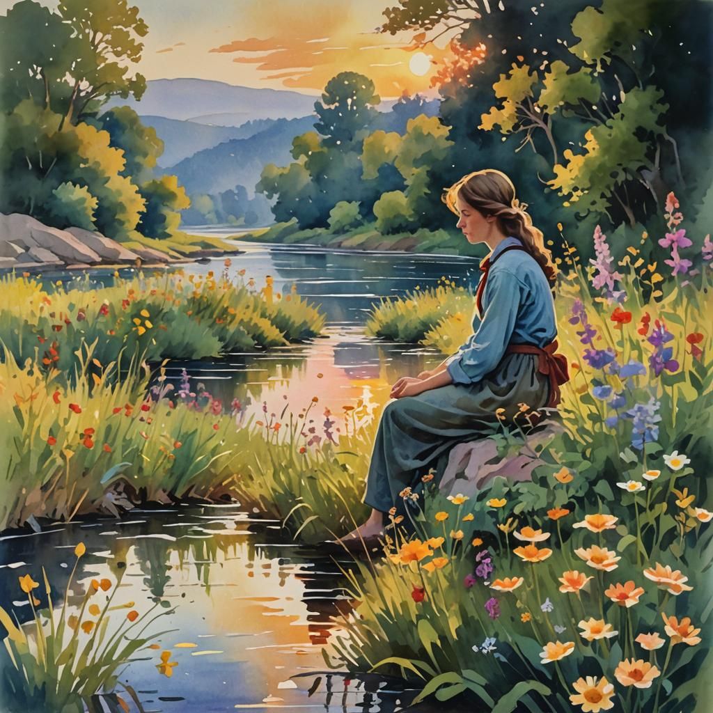 Impressionist Riverbank Scene at Sunset in Gouache