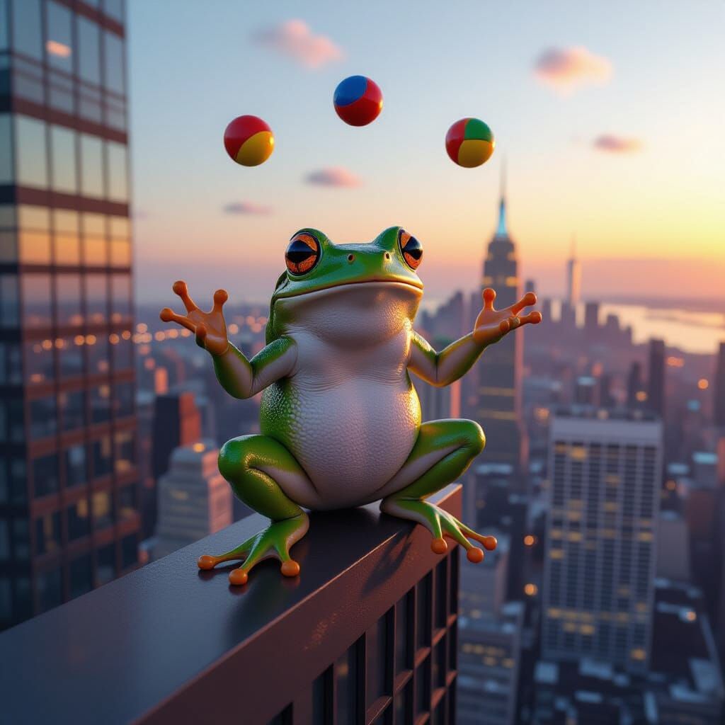 Skyscraper Frog Juggler in Golden Hour Light