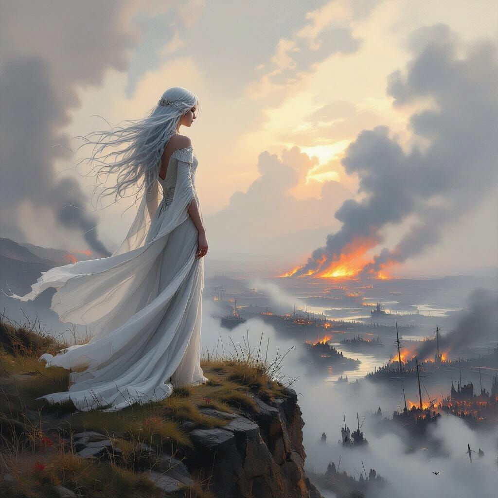 Ethereal Maiden Views Chaotic Battlefield in Painterly Style