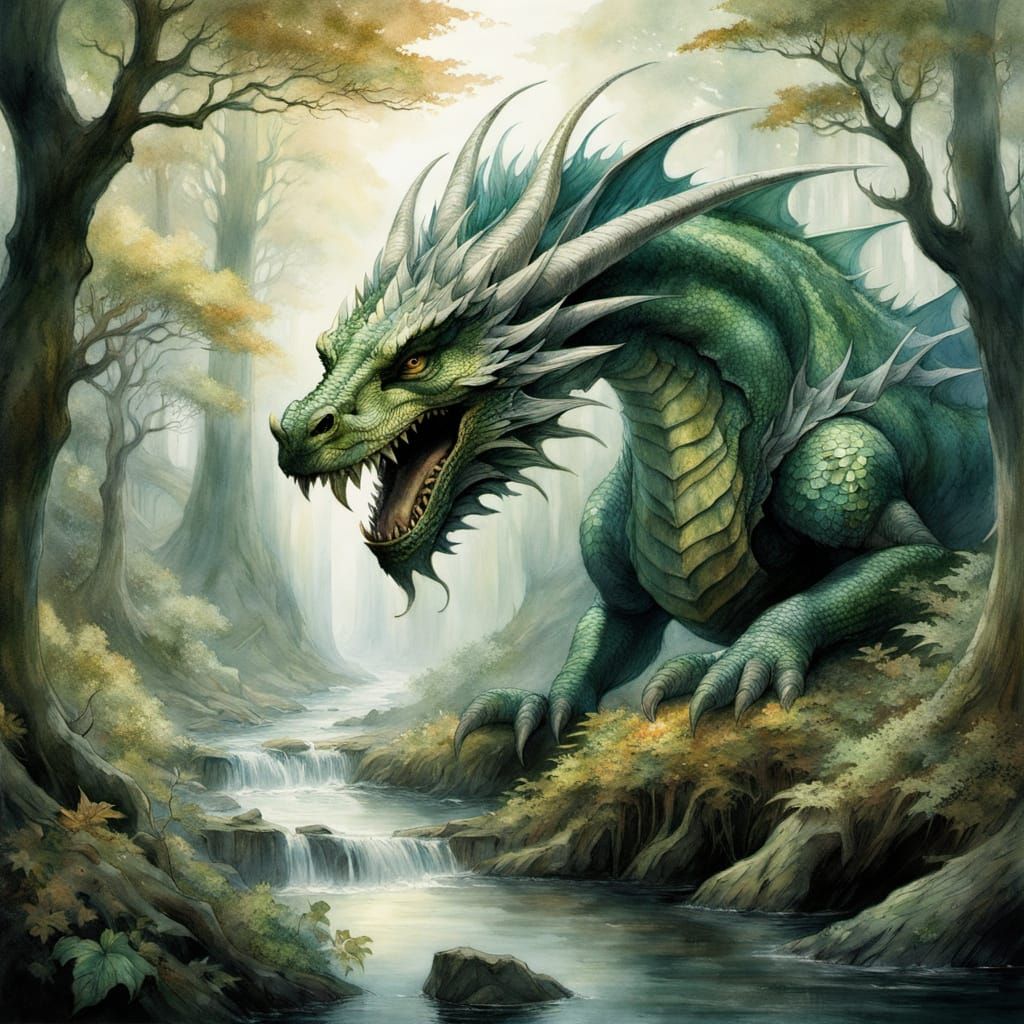 Fantasy Dragon in Magical Forest with Sunrays