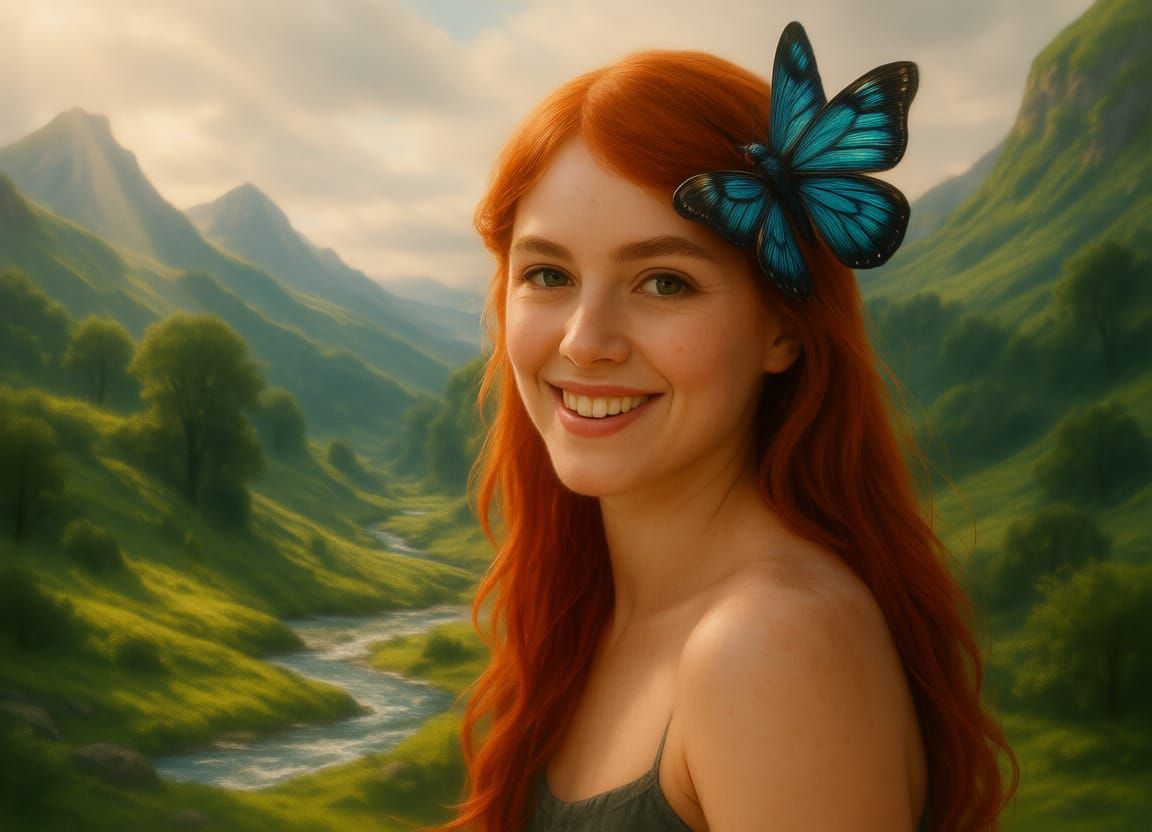 Hopeful Woman in Lush Landscape Photorealistic Portrait