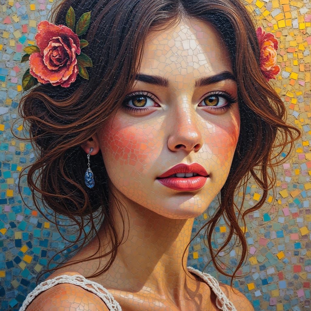 Gouache Portrait of a Stunning Woman in Mosaic Style