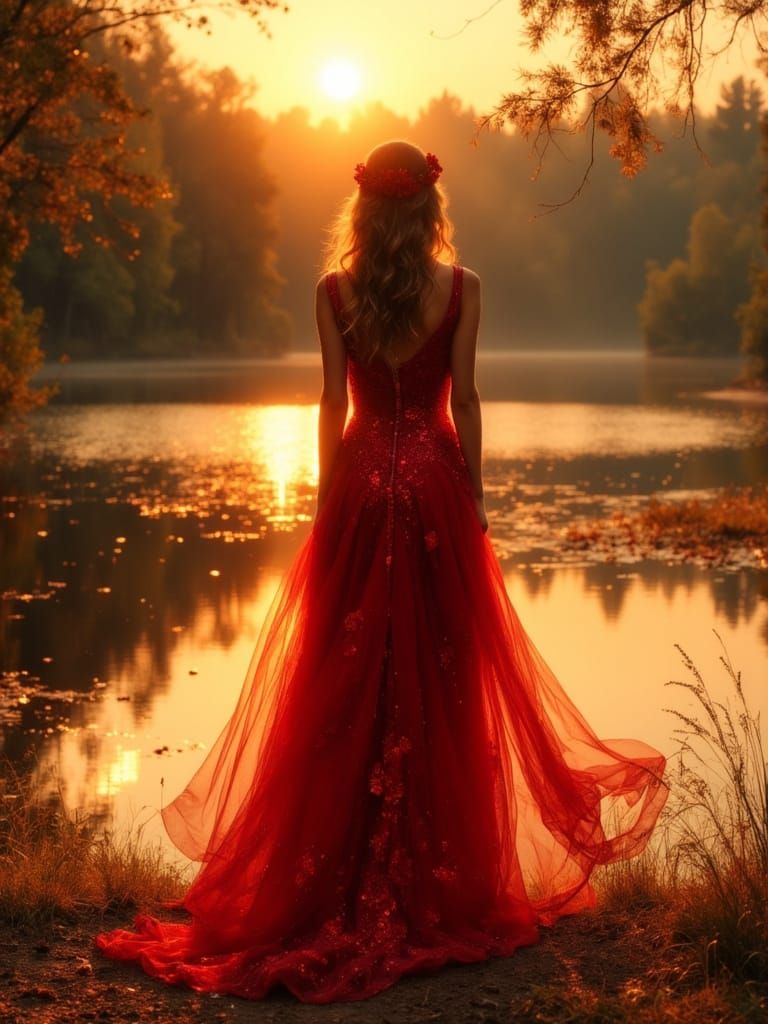 Woman by Lake at Golden Hour in Nouveau Style