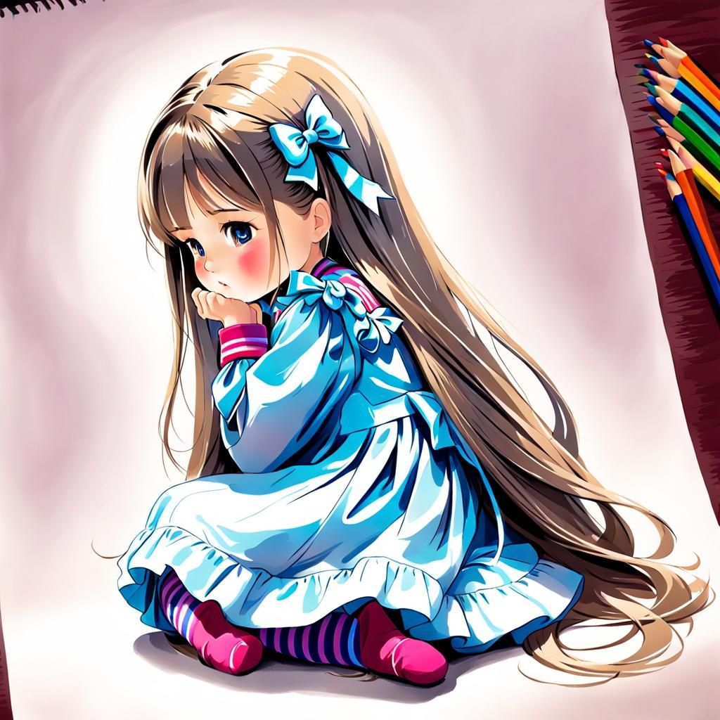 Pencil Sketch of a Sad Little Girl