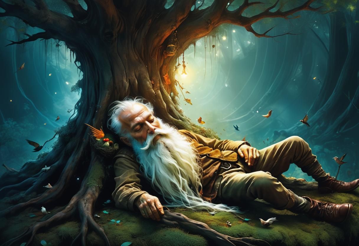 Rip VanWinkle Ensnared by Fairy Tree in Whimsical Digital Fa...