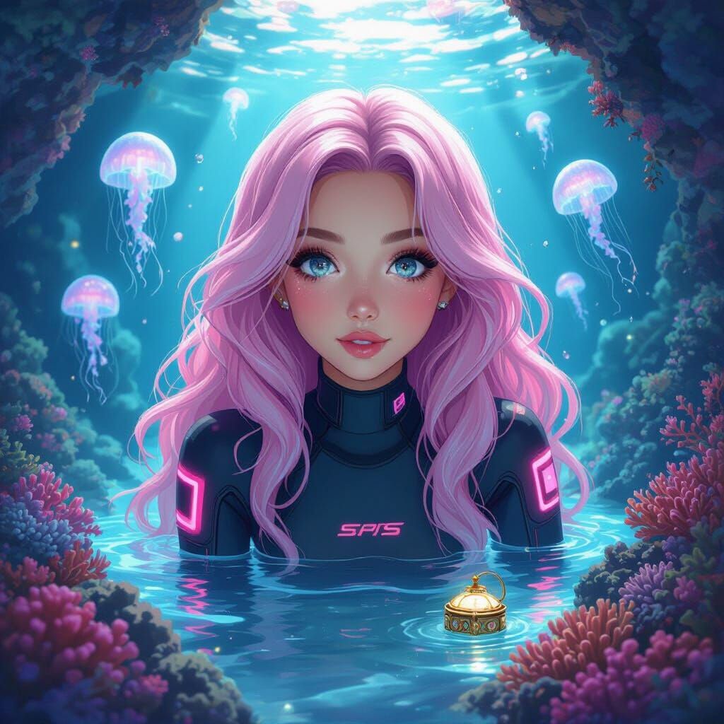 Underwater Woman in Bioluminescent Cave: 3D Manga Anime